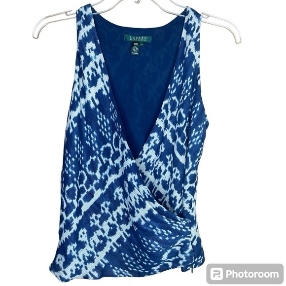 Lauren Ralph Lauren Vneck wrap Silk Linen tank top Cream Indigo Size 4 - Picture 1 of 9